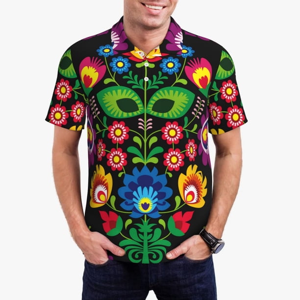 Fotbe Traditional Floral Polish Camiseta Polo de Golf para Hombre con Estampado – Camisa Deportiva Transpirable con Cuello Abotonado-Medium
