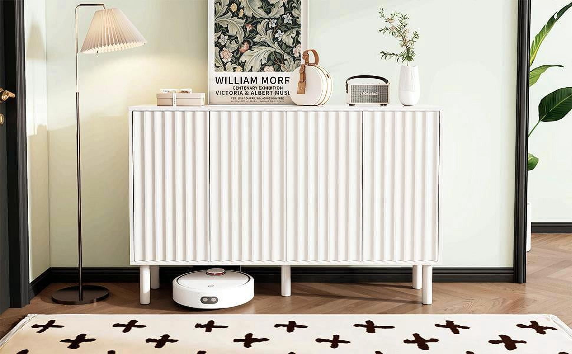 MAYEERTY Minimalist Shoe Cabinet with 5 Solid Wood Legs, Cream Style Sideboard Buffet Cabinet with Fluted Doors, Large 4-Door Storage Cabinet with Adjustable Shelves