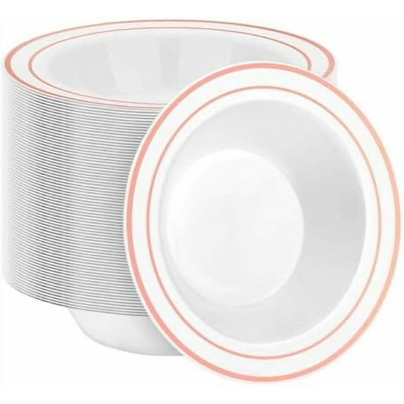 100 Pack Disposable Soup Bowls with Rose Gold Rim, 12oz Premium Heavy Duty Plastic Dinner Bowls for Party, Wedding and Holiday
