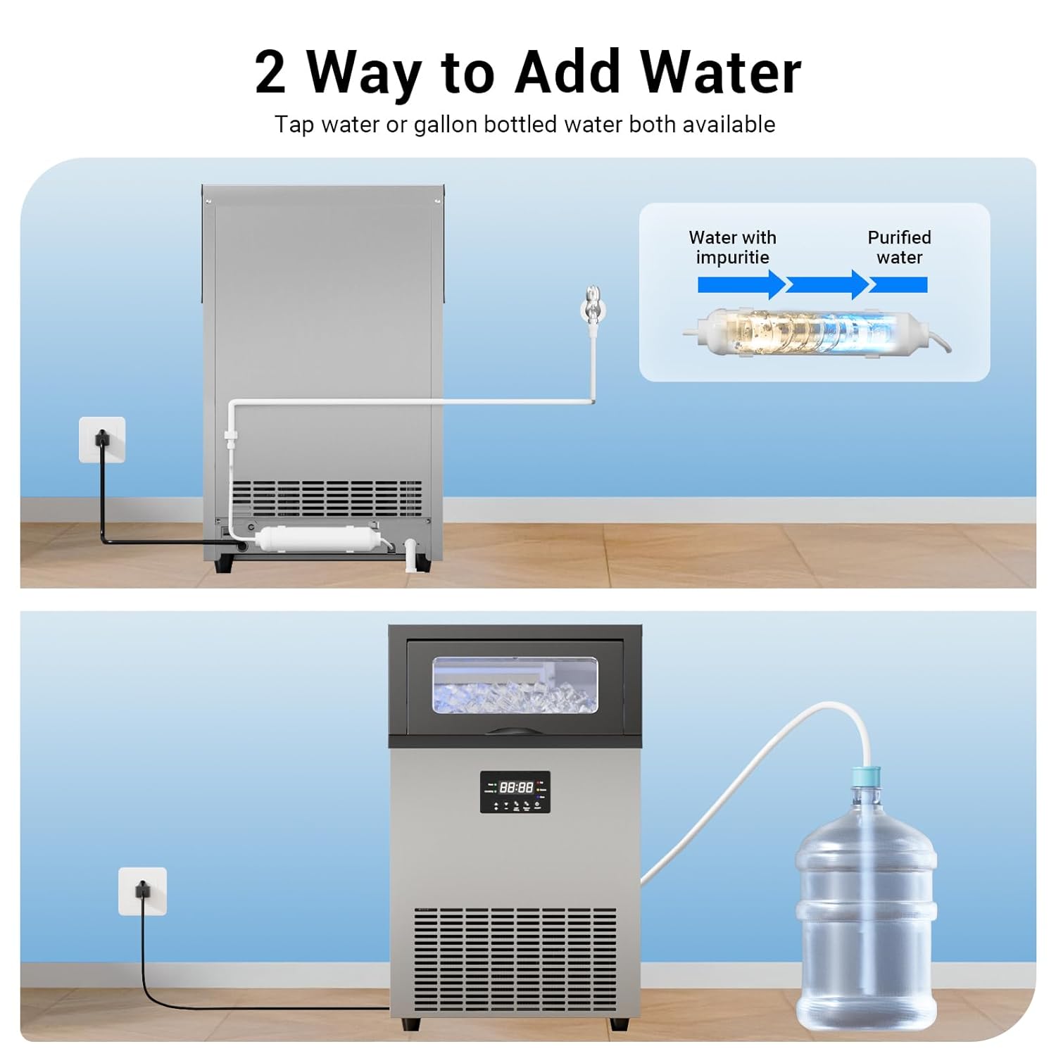 Commercial Ice Maker Machine, 150Lbs per Day Under Counter Ice Maker with 50Lbs Storage Bin, Produces Ice in 8-15 Mins, Freestanding Design for Restaurant, Bar, Home & Outdoor Use