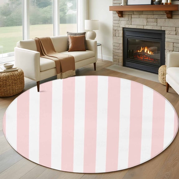 Pink Striped Round Area Rug 5 FT, Non Slip Bedroom Area Rug, Modern Farmhouse Pink White Stripes Washable Soft Circular Carpet Non-Shedding Floor Mat for Kitchen Dining Room Foyer Balcony Dorm