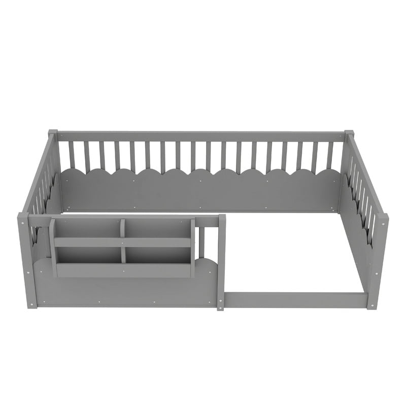 Twin Size Floor Bed with Heightened Fence, Kids Platform Bed Frame with No Slat, Montessori Storage Bed with Bookshelf
