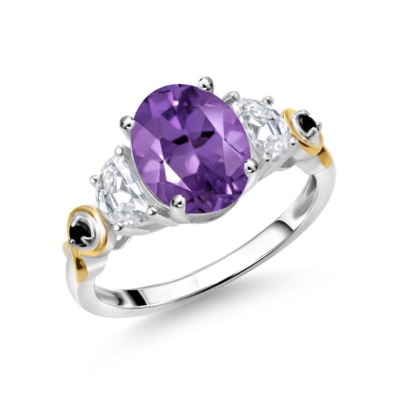Gem Stone King 925 Silver and 10K Yellow Gold 3-Stone Ring Oval Purple Amethyst and Moissanite (2.11 Cttw, Size 7)