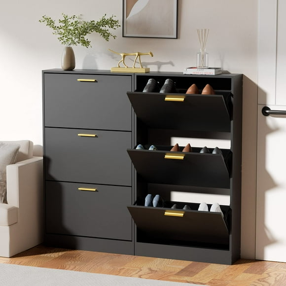 JOZZBY Shoe Cabinet Storage with 3 Flip Drawers for Entryway Black Slime Freestanding Modern Narrow Shoe Organizer Rack Cabinet for Hallway Living Room Set of 2