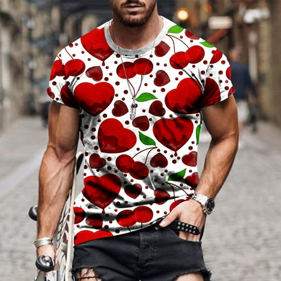 AOOCHASLIY Men Shirt for Valentine Gift Men Casual Round Neck Valentine's Day Digital Printing Pullover Fitness Sports Shorts Sleeves T Shirt Blouse