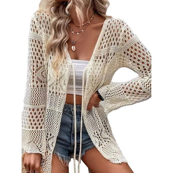 Women’s Crochet Tie Front Cardigan, Lightweight Open Knit Long Sleeve Boho Sweater