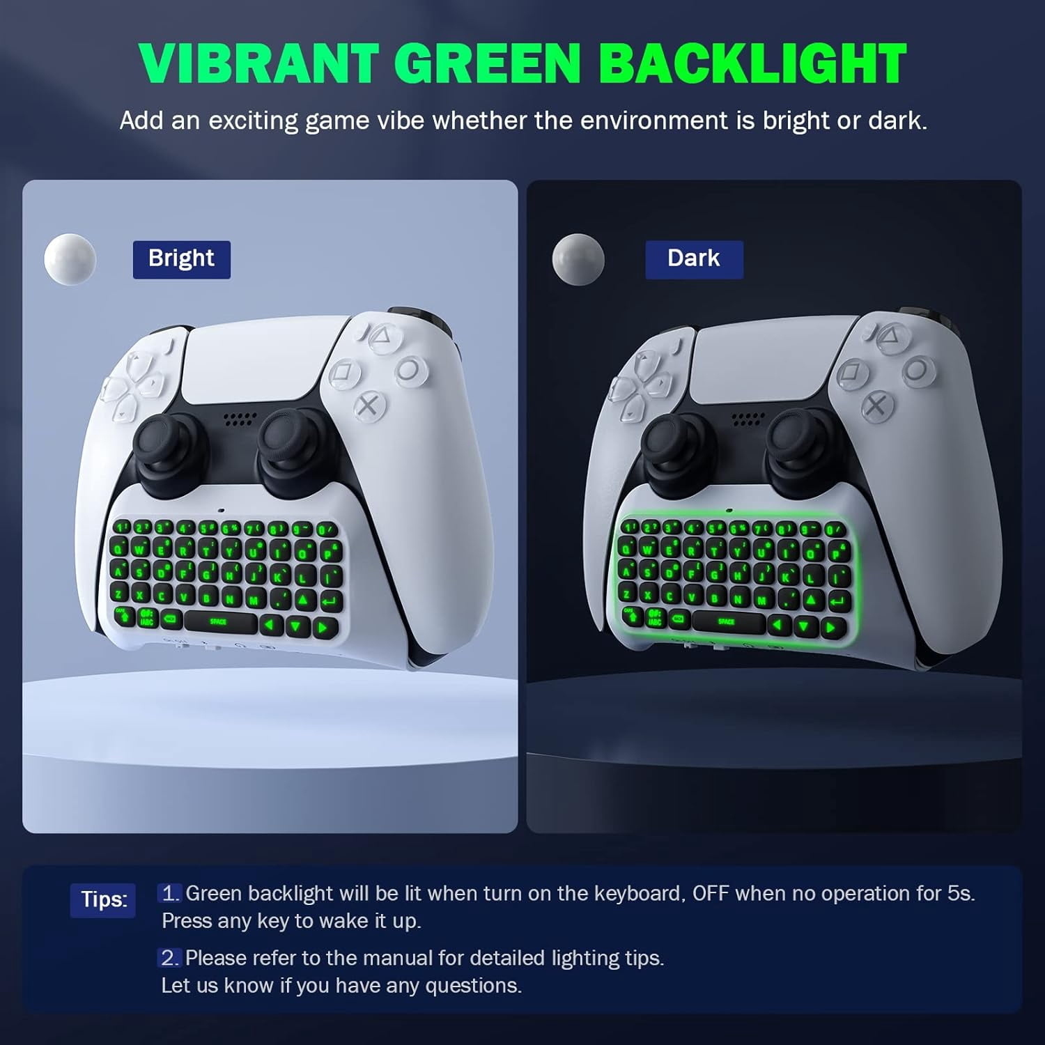 Bluetooth 3.0 Wireless Keyboard With Green Backlight for PS5 Controller,Mini Portable Gamepad Chatpad with Built-in Speaker&3.5MM Audio Jack, Voice Chat Board for Messaging&Gaming Live Chat,white
