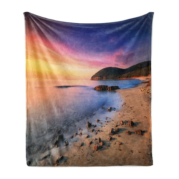 Beach Soft Flannel Fleece Throw Blanket, Famous Mediterranean Sun Rise on the Coast Pebbles Tourism Serene View Print, Cozy Plush for Indoor and Outdoor Use, 70" x 90", Multicolor, by Ambesonne