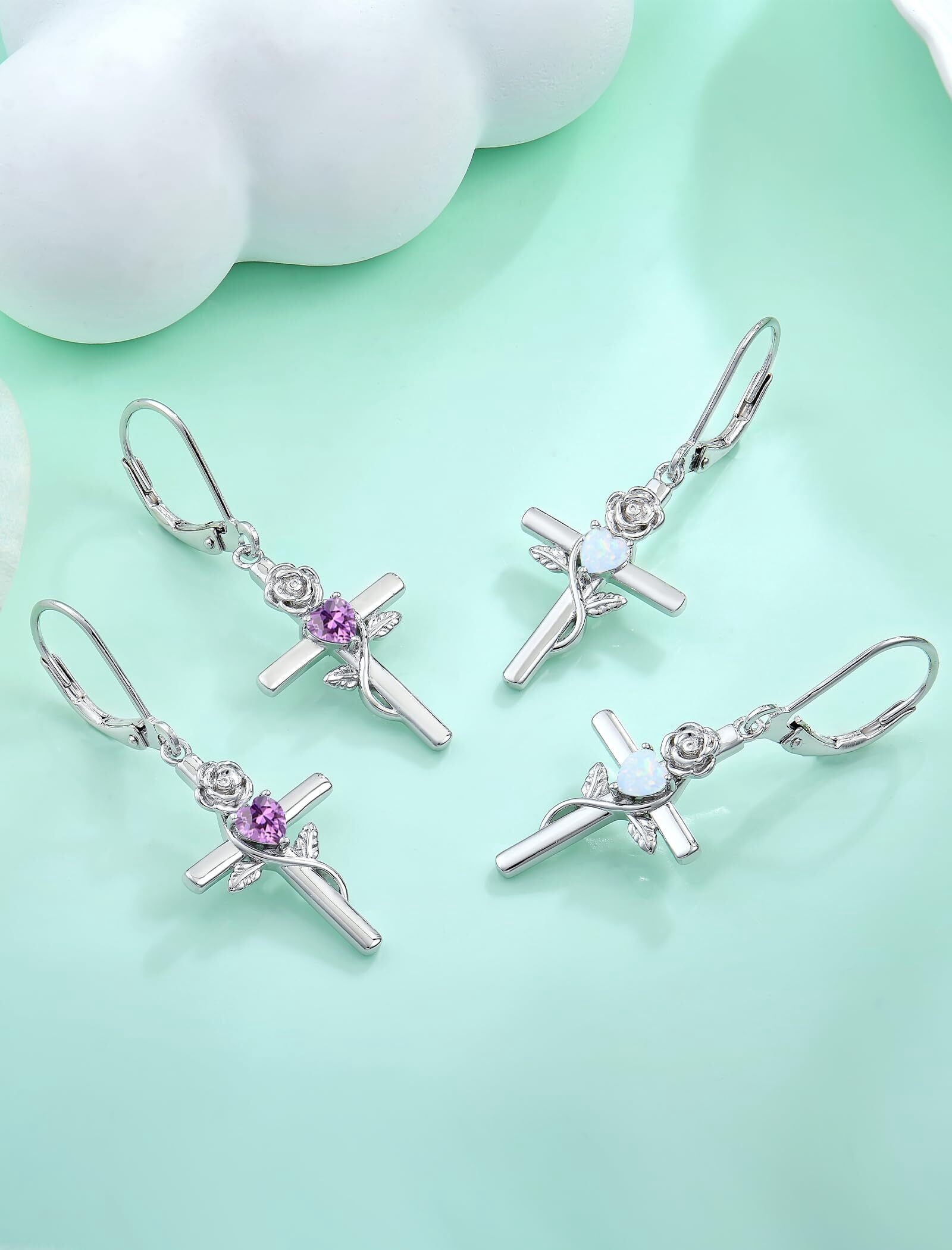 VESITIM Cross Earrings for Women Rose Flower Earring 925 Sterling Silver Dangle Drop Religious Jewelry Gift with Heart Created Amethyst Birthstones