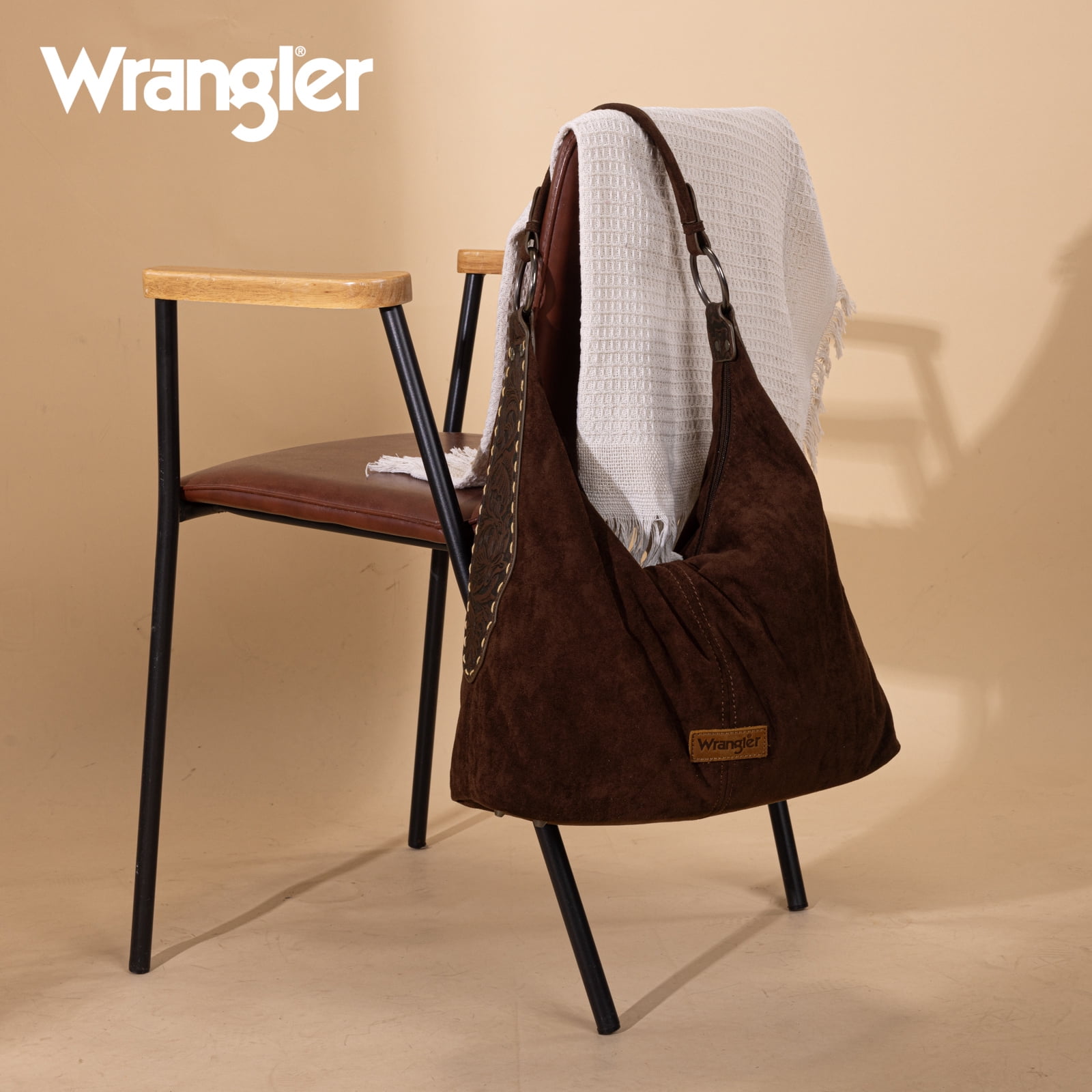 Wrangler Suede Hobo Purse for Women Embossed Soft Slouchy Shoulder Bag 2Pcs Set, Coffee