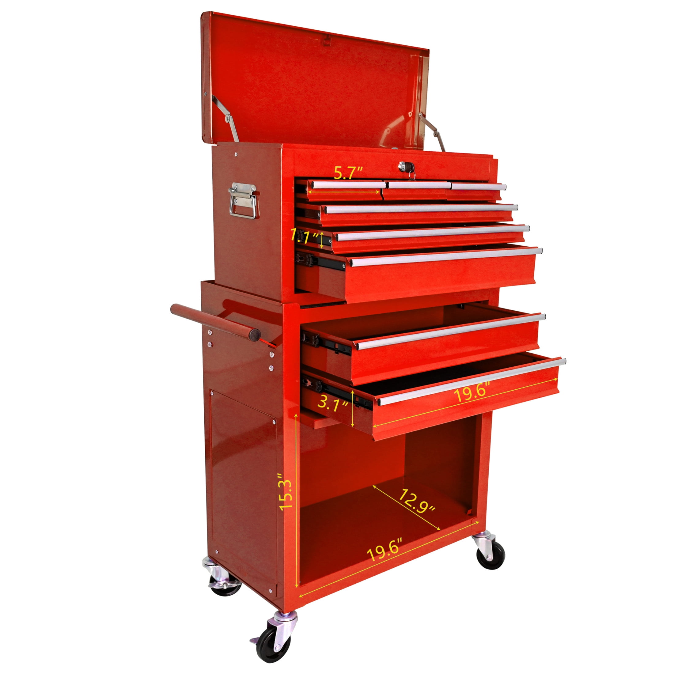 Noble House Heavy-Duty Rolling Tool Chest, 8-Drawer Steel Storage Box Organizer with Detachable Box, Red