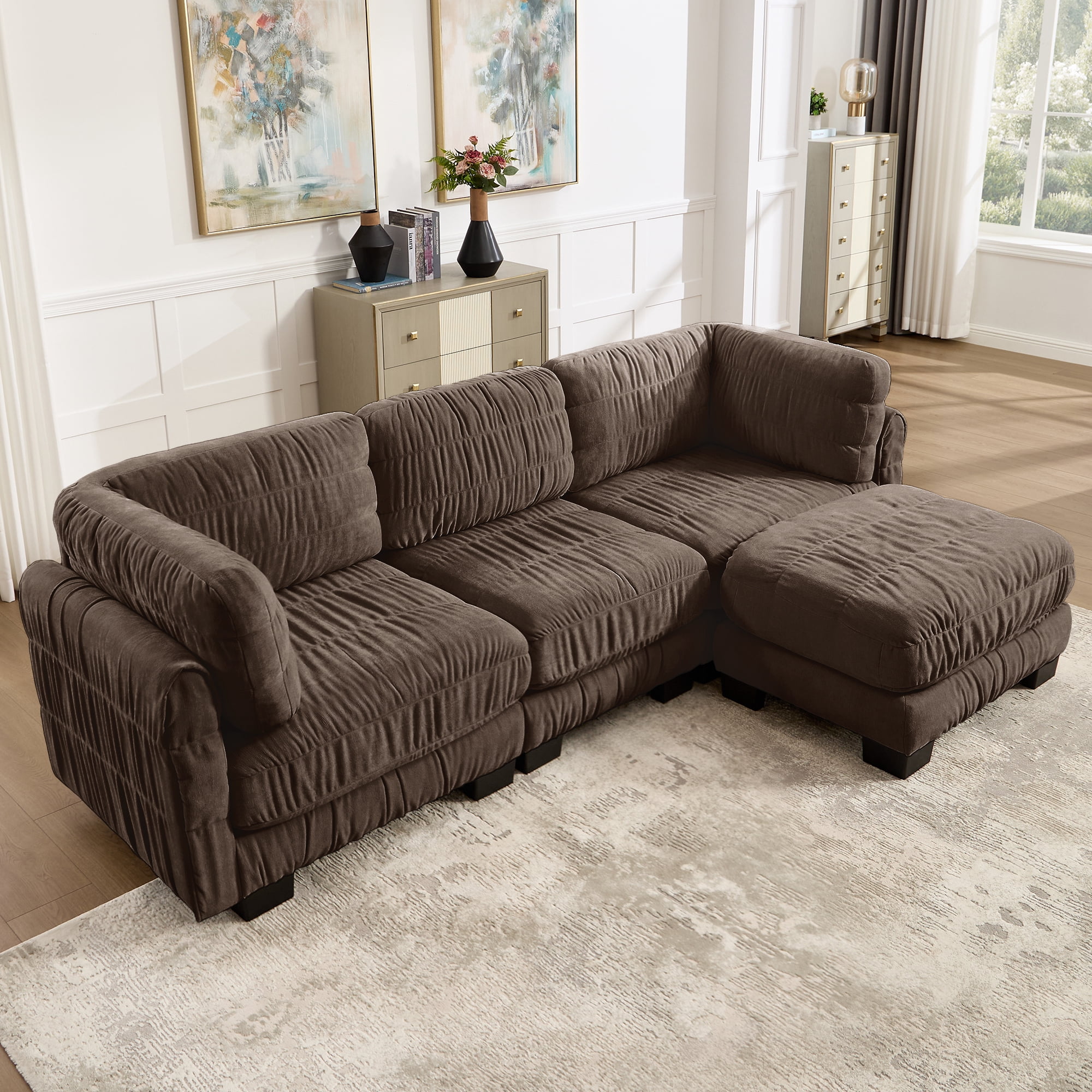109" L Shape 3 Seat Chenille Modular Sectional Sofa with Movable Ottoman and L Shape Back Cushions