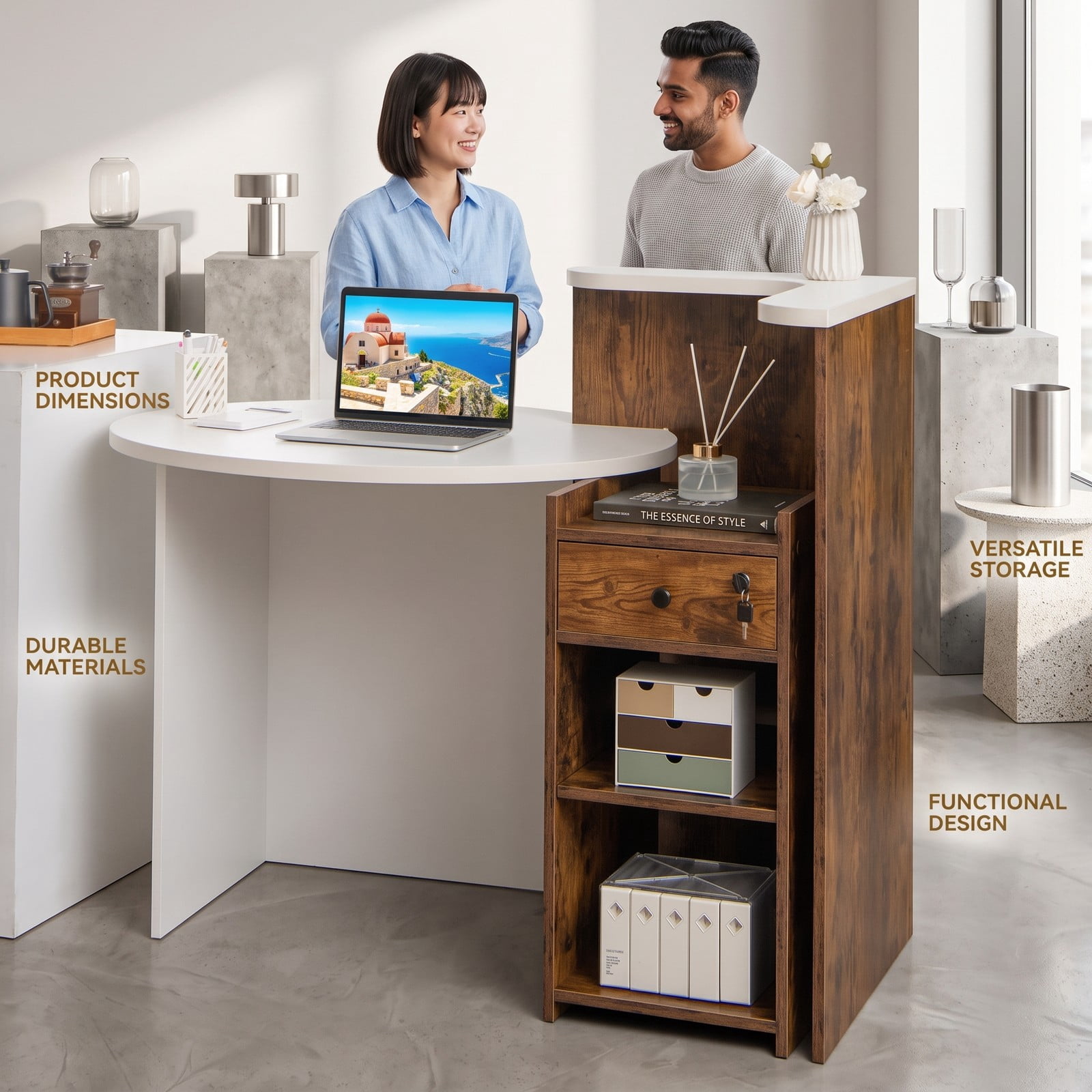 Furnibear Reception Office Desk, L-Shaped Front Desk Reception Counter with Lockable Drawer, Adjustable Open Shelf and Bottom Storage for Office, Rustic Brown & White
