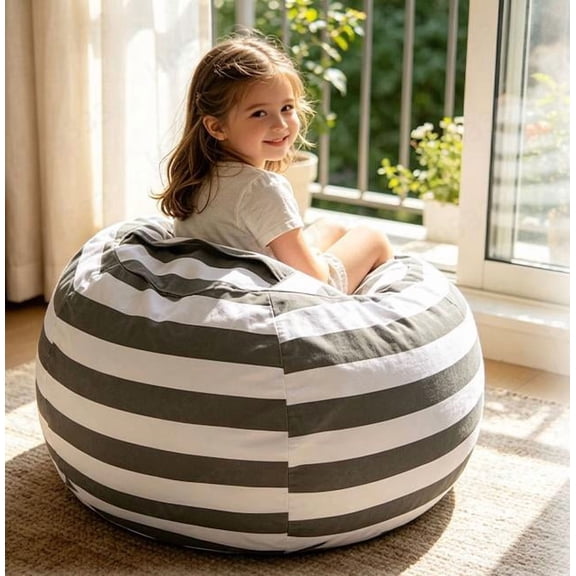 Stuffed Animal Storage Bean Bag Chair Cover, Cotton Canvas Stuffable Zipper Beanbag for Organizing Plush Toys, Heavy Duty Floor Lounger for Bedroom Classroom