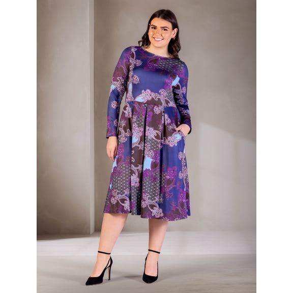 Plus Size Paisley Pleated Fit N Flare Midi Dress