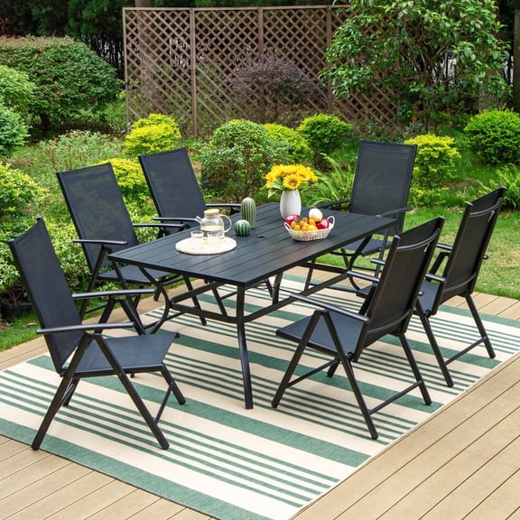 SUMMIT LIVING 7-Piece Patio Dining Set, 7-Level Adjustable High Back Aluminum Folding Chairs & Metal Steel Table, Black