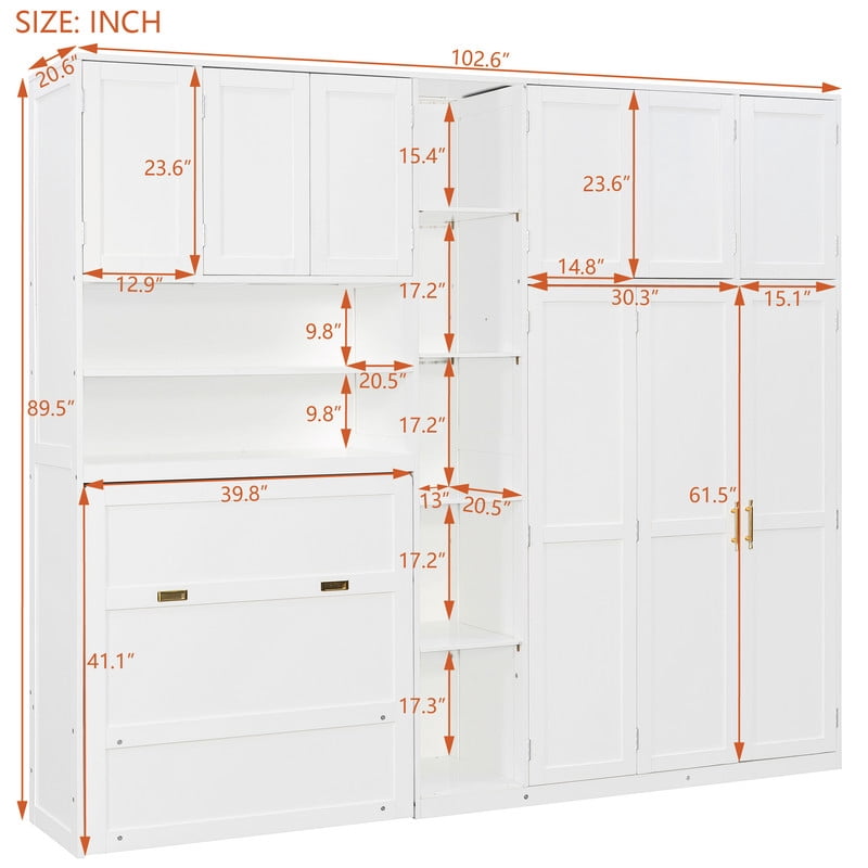 Twin Size Pull Out Murphy Bed with Wardrobe & Shelves, Storage Platform Bed Frame with LED Display Shelves & Overhead Cabinets