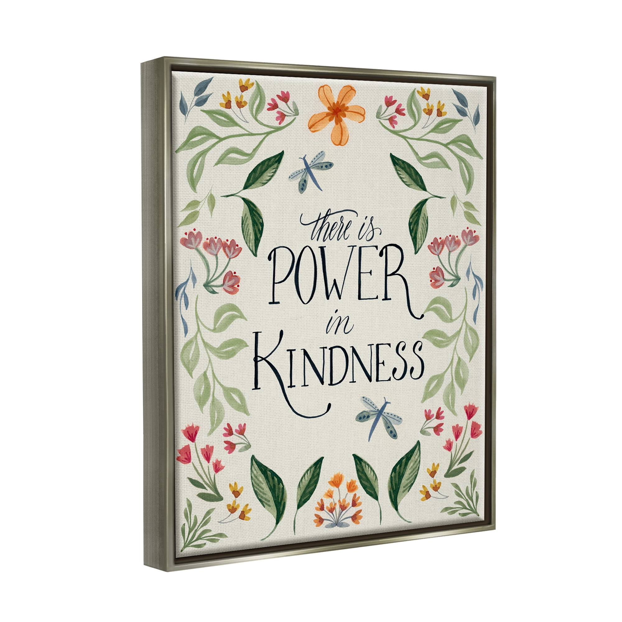 Stupell Industries Floral Power in Kindness Botanical & Floral Painting Gray Floater Framed Canvas Art Print Wall Art, 17 x 21