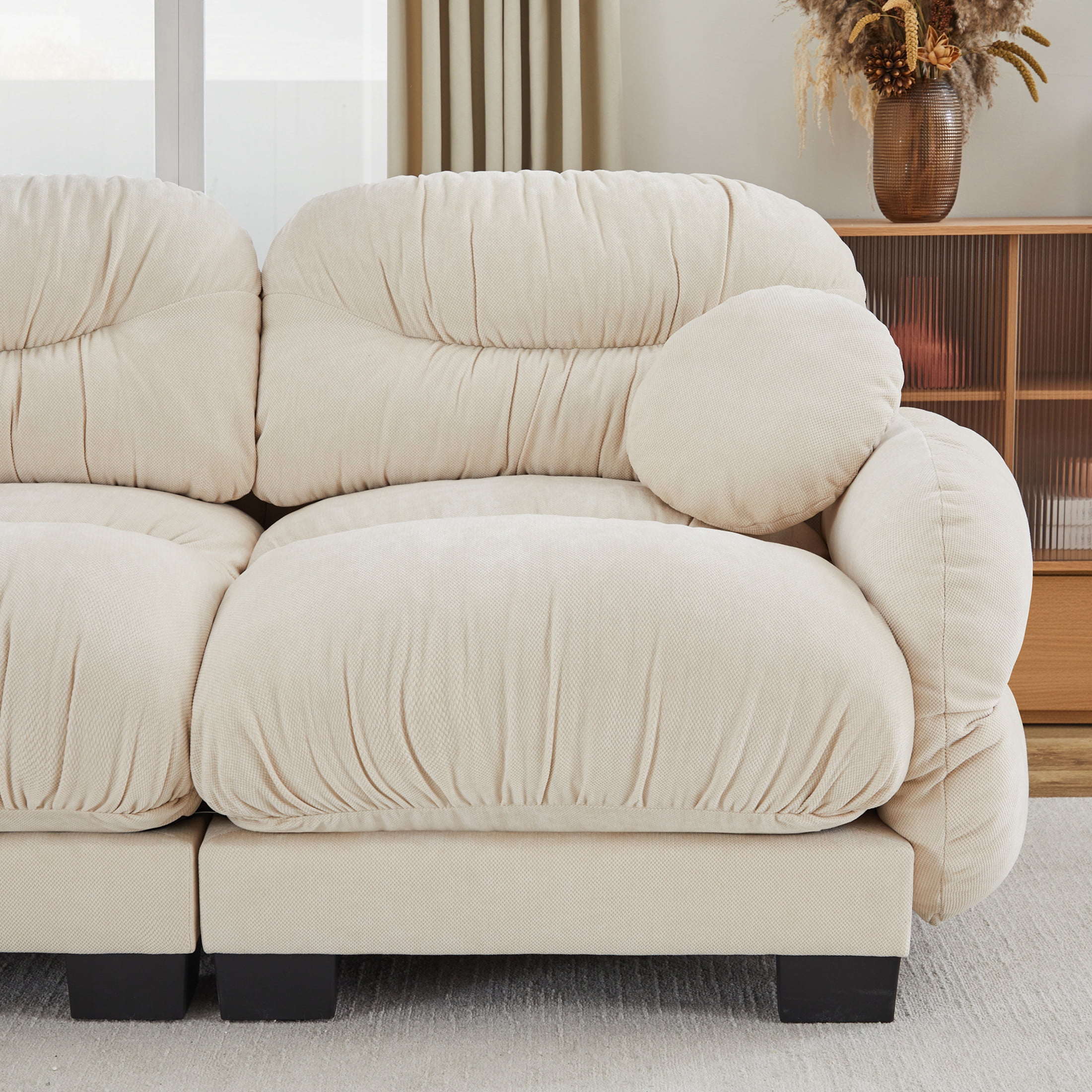 Noble House Corlan Pleated Chenille 3-Seater Sectional Sofa, Modular Deep Seat Couch with Throw Pillows, Beige