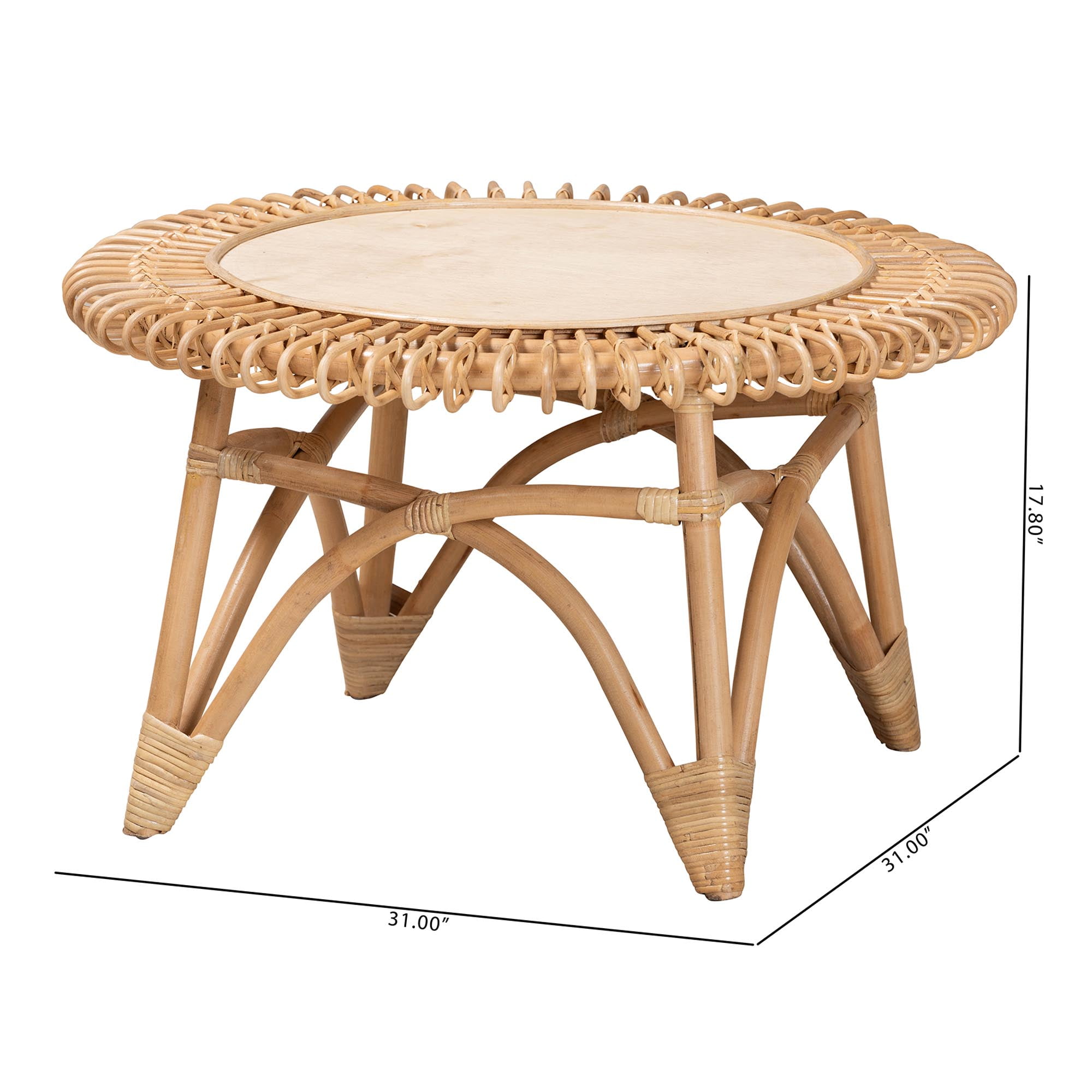 bali & pari Modern Round Natural Rattan Coffee Table, Natural Brown