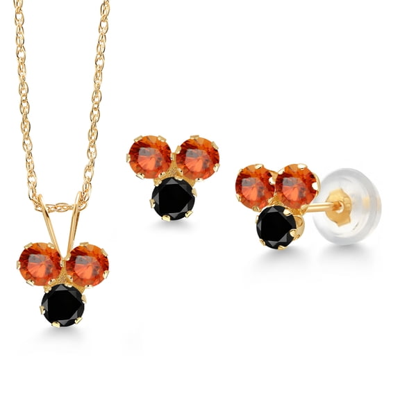 Gem Stone King 14K Yellow Gold Orange Sapphire and Black Diamond 3 Stone Pendant and Earrings Jewelry Set for Women (1.27 Cttw, Round 3MM, with 18 inch Chain)
