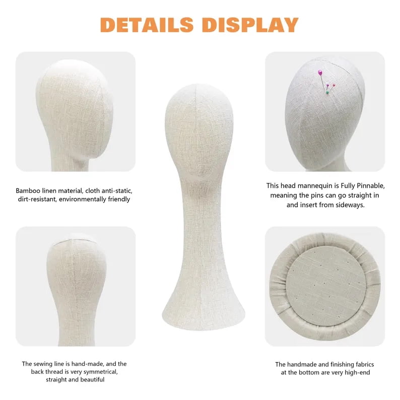 DE-LANG Bamboo Linen Mannequin Head with Long Neck, Pinnable Display for Hats, Wigs, Scarves & Jewelry