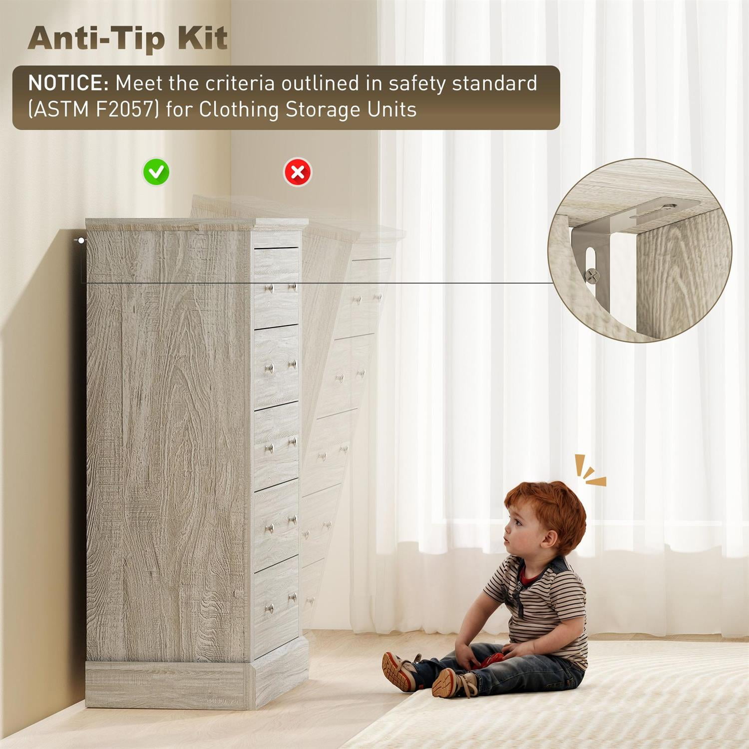 Demi Bonn Wooden 5 Drawer Chest, Farmhouse Style Dresser with Solid Wood Top for Living Room, Storage Bedside Table, Beige