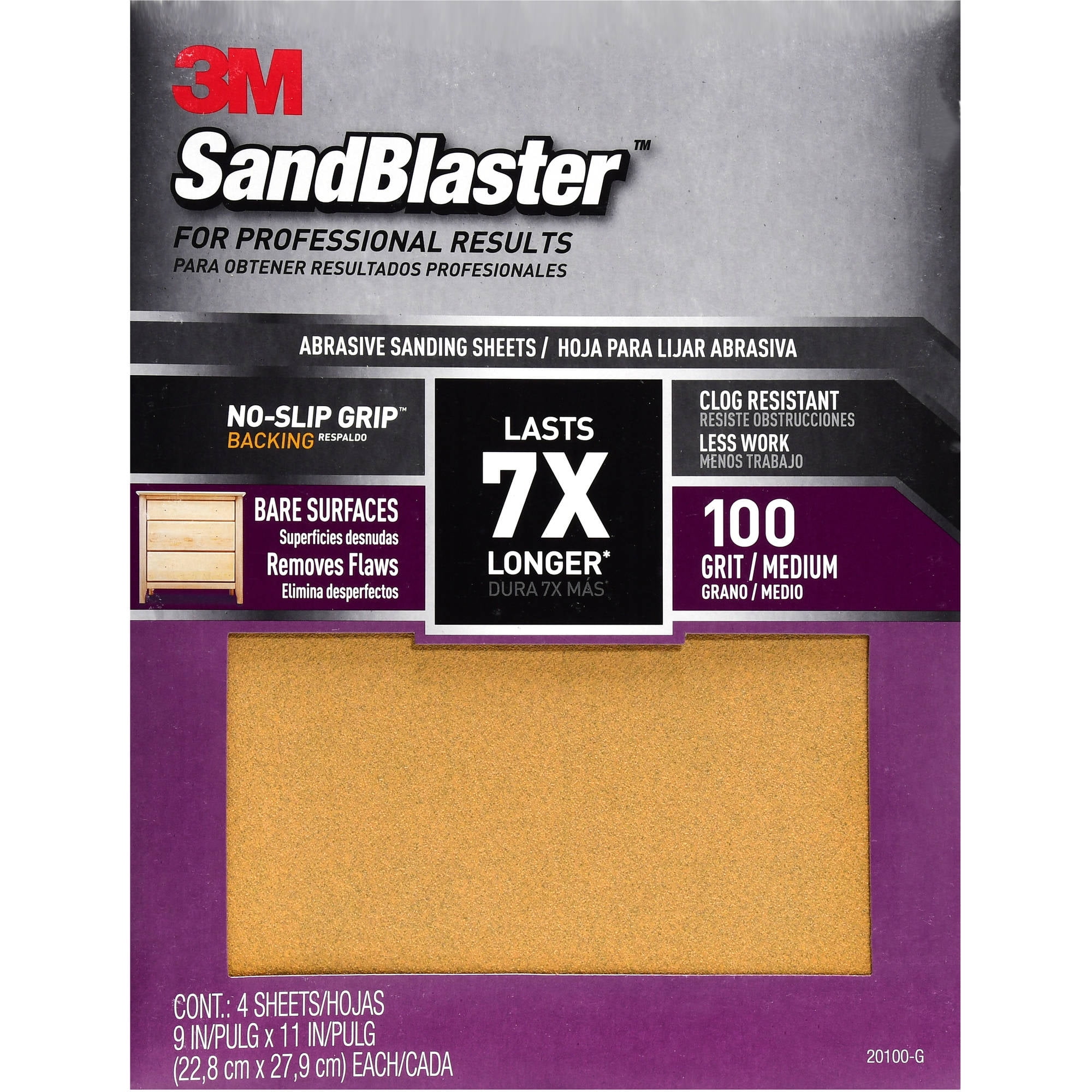 3M SandBlaster 9" x 11" NoSlip Grip 100 Grit Bare Surfaces Sandpaper