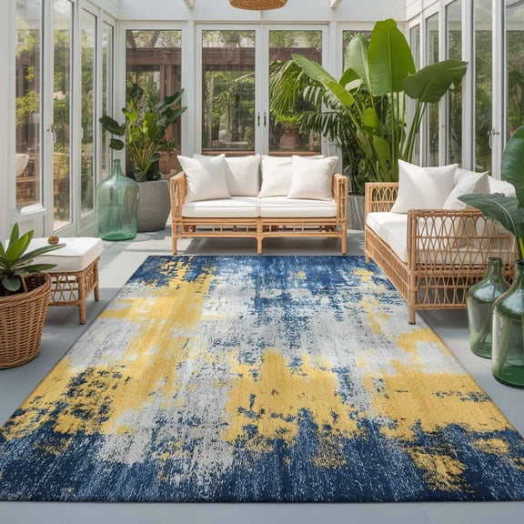 Abstract Mottled Texture 5'x8' Large Area Rugs Vintage Blue Yellow Painting Washable Area Rugs Non-Slip Indoor Floor Mats Large Carpet for Living Room Bedroom Dining Room