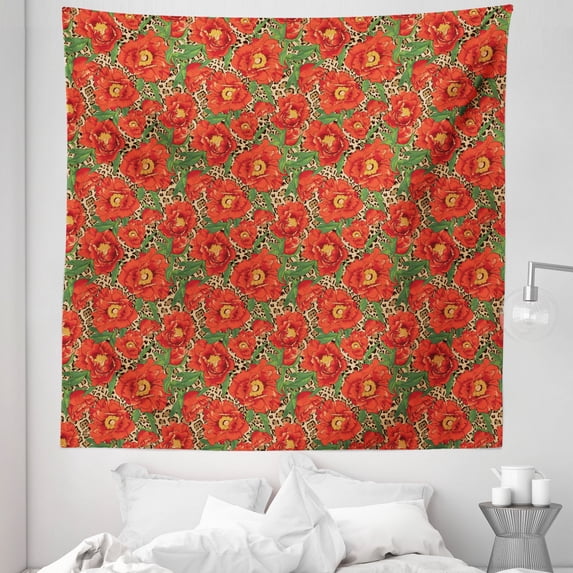 Leopard Rainbow Tapestry, Exotic Summer Boho Blooming Poppies on Animal Skin Print, Fabric Wall Hanging Decor for Bedroom Living Room Dorm, 5 Sizes, Scarlet Green and Pale Brown, by Ambesonne