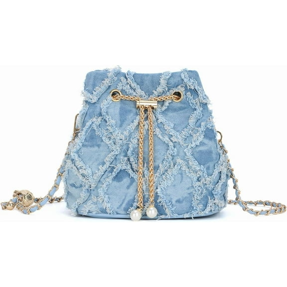 Denim Bucket Bag for Women Trendy Jean Purse Drawstring Crossbody Shoulder Bag Hobo Bag