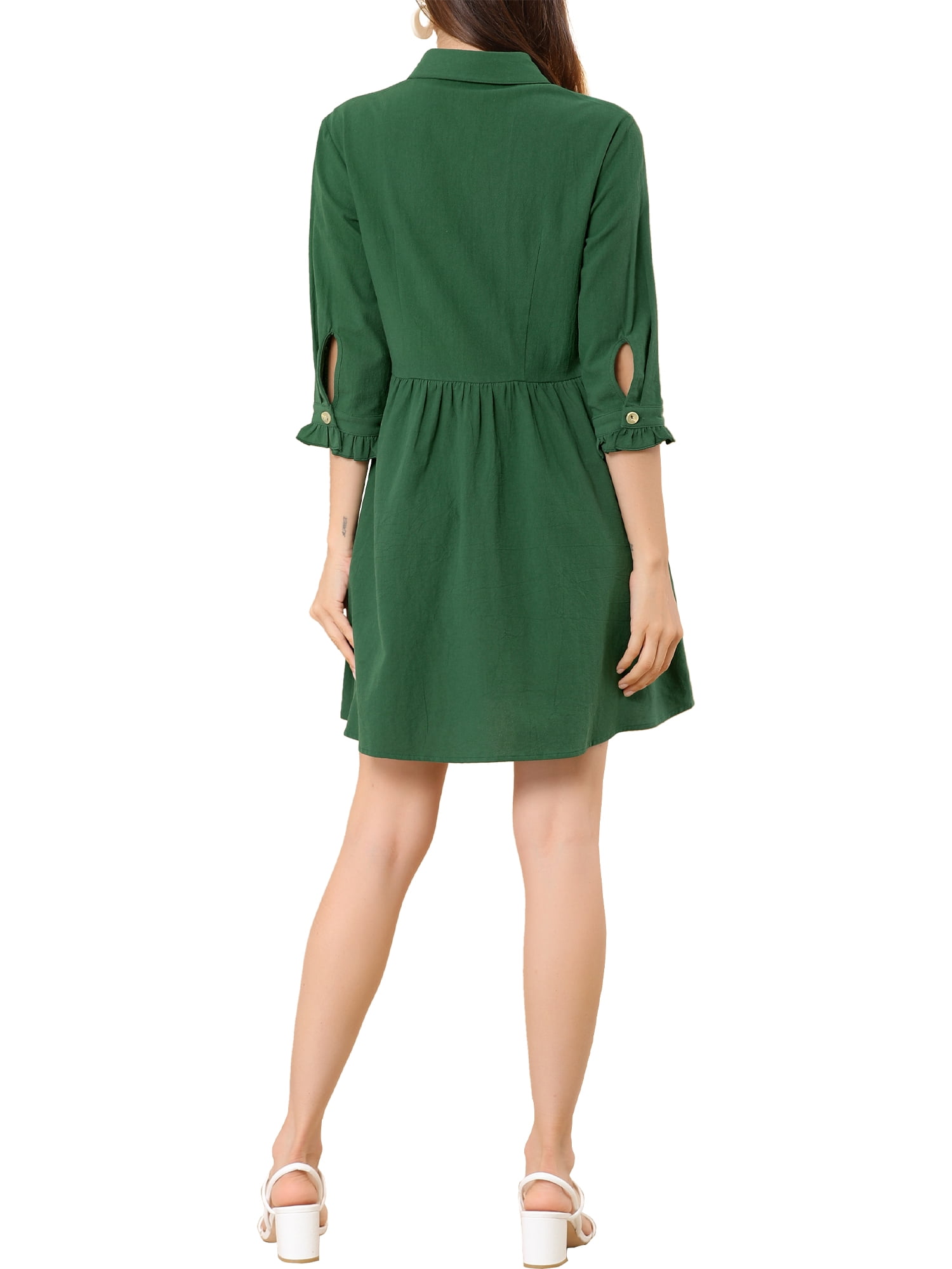 DARING DIVA Elegant Collar Flare 3/4 Sleeve Button Mini Shirt Dress XL Dark Green