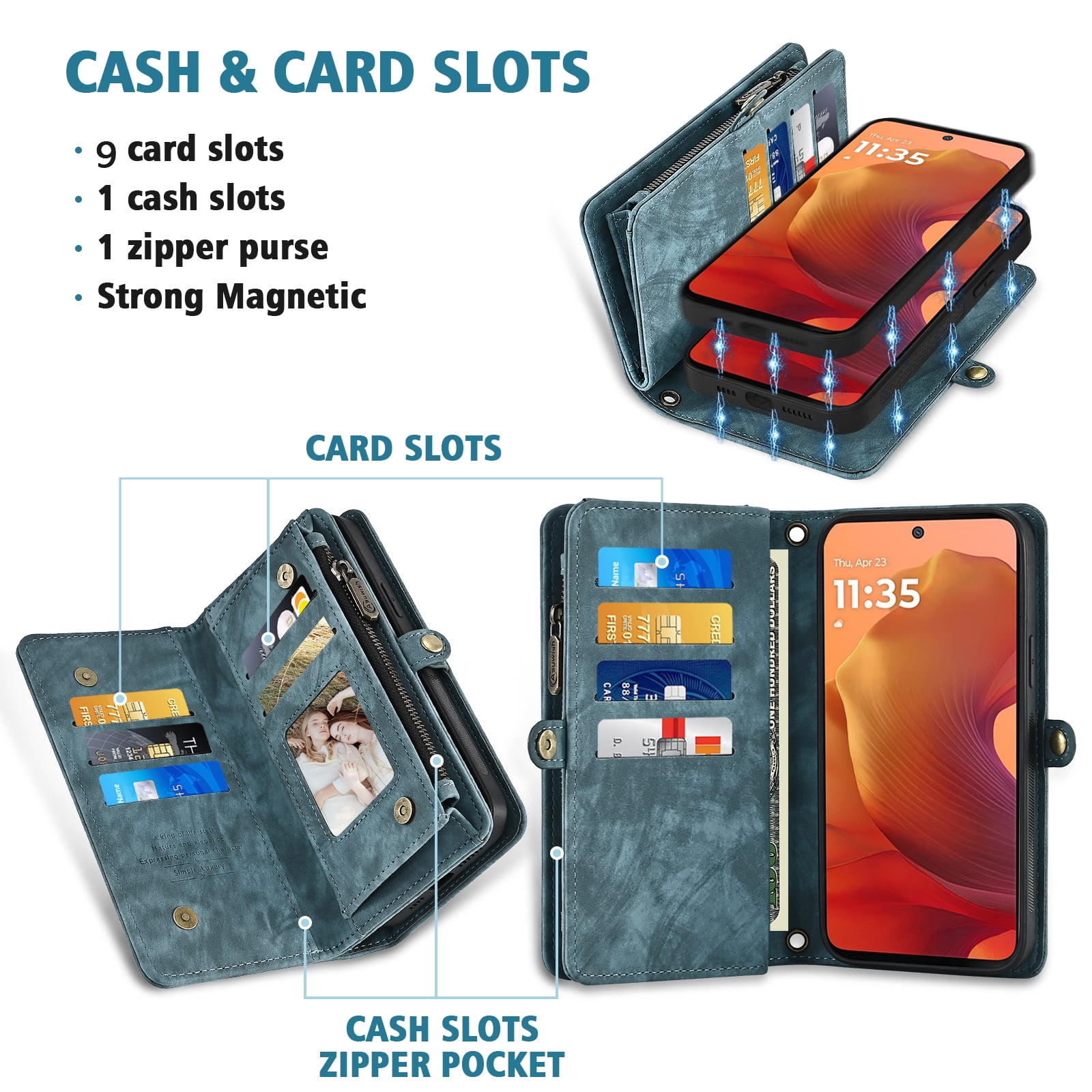 Asuwish Phone Case for Motorola Moto G15 4G Lte Zipper Wallet Detachable Cell Cover with Tempered Glass Screen Protector Crossbody Lanyard Strap Flip Card Holder Slot MotoG15 G 15 XT2521-2 Women Blue