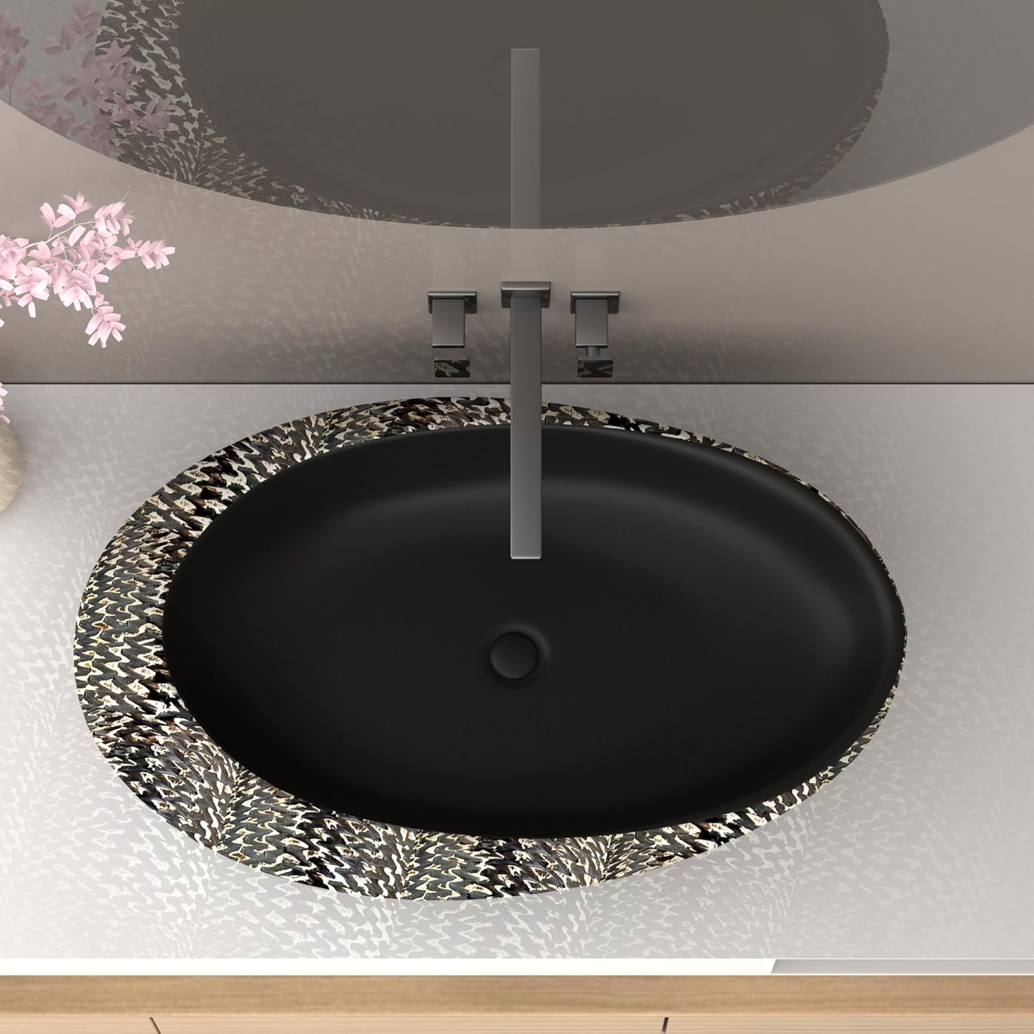 WinZo Bathroom Artistic Vessel Sink, 23"W×15"D×5.9"H Egg-Shaped Sink Retro Ceramic Washbasin Above Counter for Bathrooms, Modern Countertop Bowl Sink, Carved Black