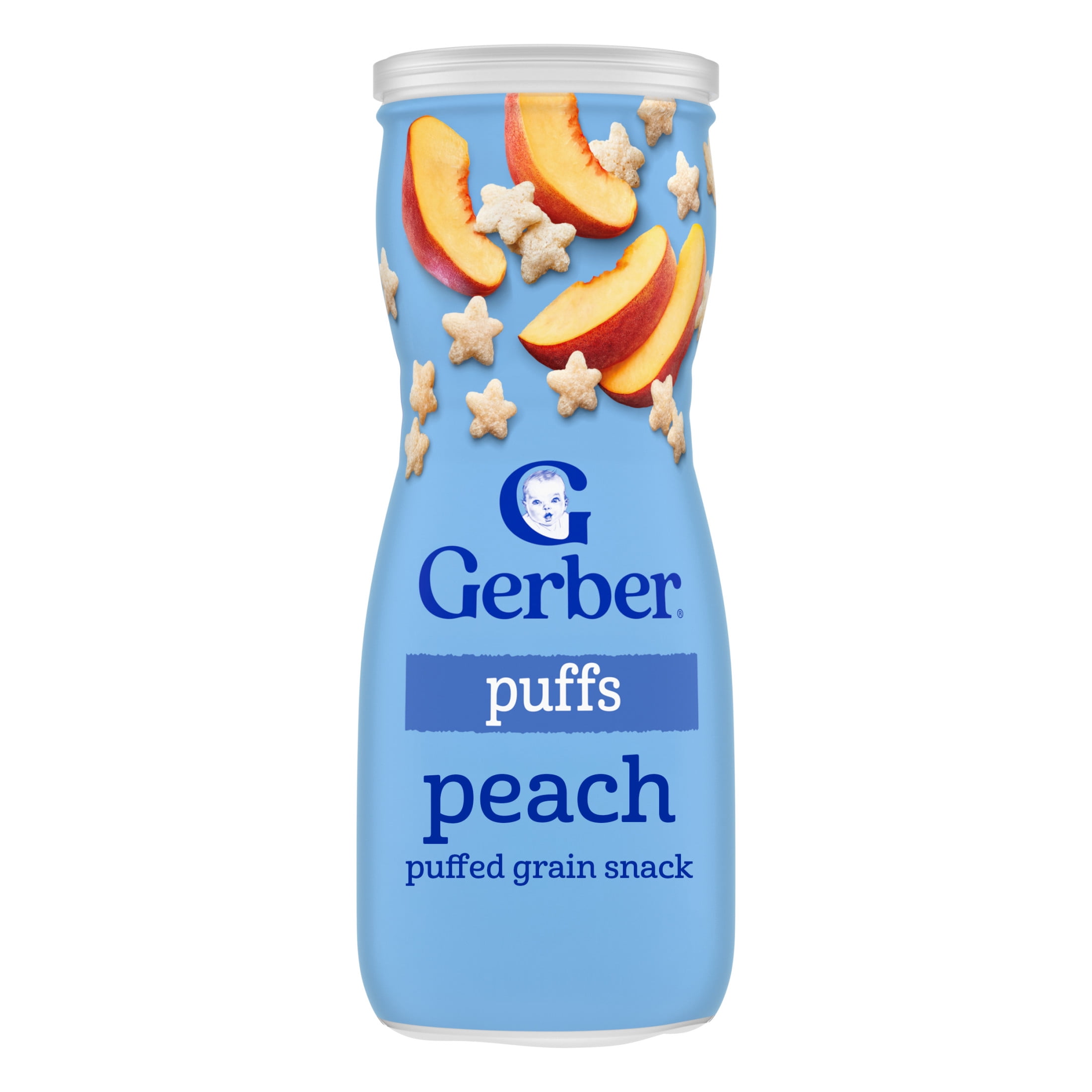 (4 pack) Gerber Puffs Baby Snacks, Peach, Stage 3, Puffed Grain Snack for 8+ Months, 1.48 oz Canister