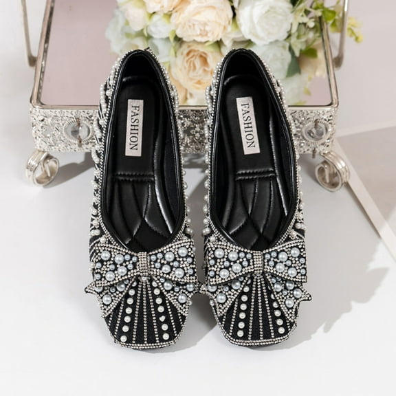 Viluyesy Womens Ballet Flats, Cute Pearl Bow Round Toe Wide Width Slip-On Shallow Dress Shoes Black