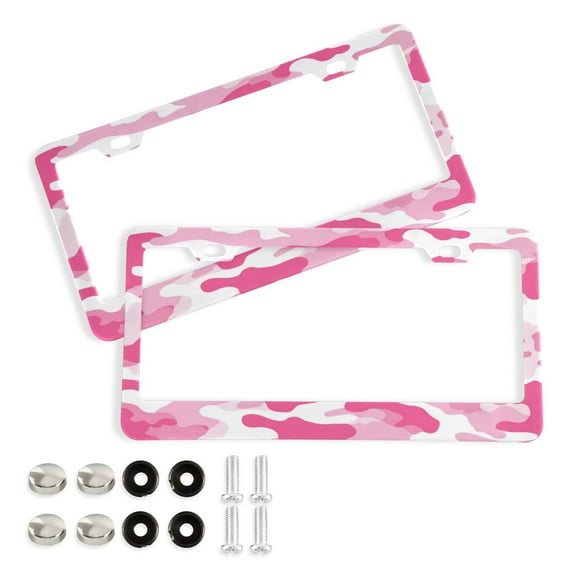 2-Pack Aluminum License Plate Frame with 2 Holes for GM License Plate Cover with Free Screws Cute Pink Camouflage Pattern