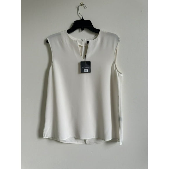 St. John Women's $495 Summer White Sleeveless Split Neck Hem Silk Shell Top S