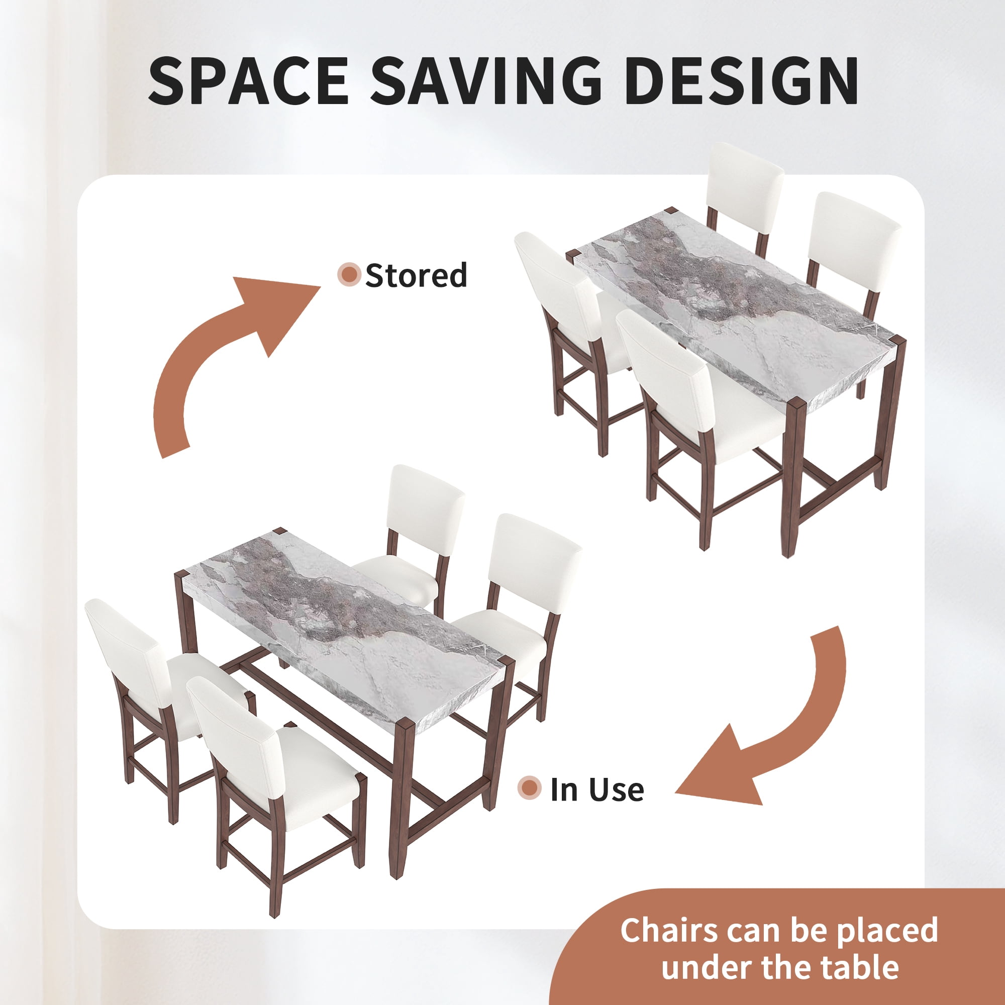 Euroco 3-Piece Counter Height Dining Table Set for 2, 47" Faux Marble Bar Table with 4 Upholstered Chairs and Solid Wood Frame,Mid-century Modern Dining Set for Dining Room,Perfect for Small Spac