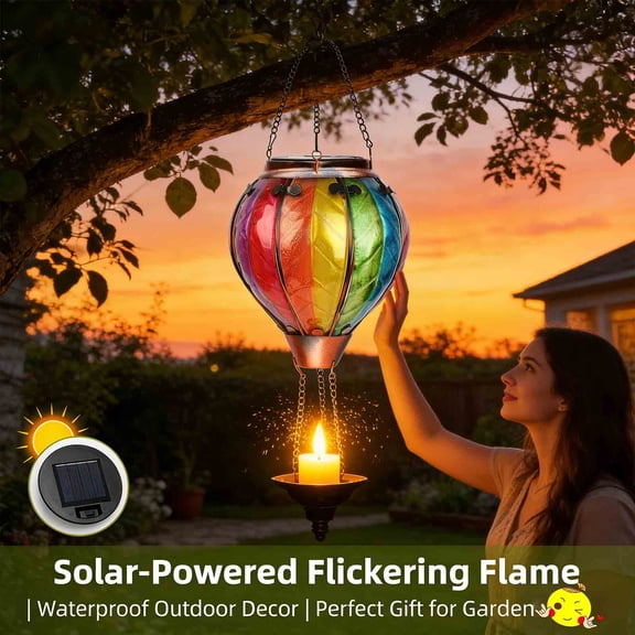 HCUSIHFEW Solar Hanging Lantern - Hot Air Balloon Glass with Flickering Flame Light L16.5inxW 5.1in