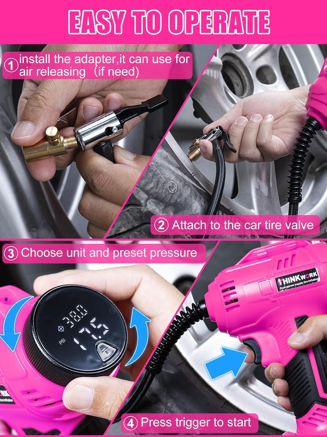 Tire Inflator Portable Air Compressor, Pink Cordless Car Tire Pump with 20V Rechargeable Battery, 12V Car Power Adapter, 150 PSI Handheld Air Pump for Car, Motorcycle, and Bike, Gift for Women
