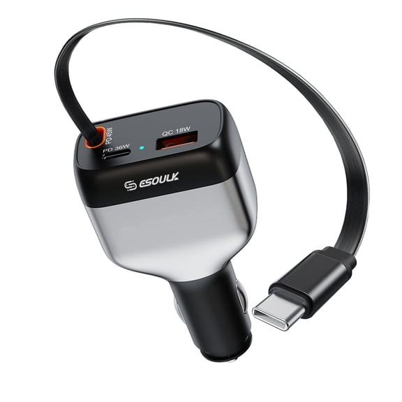 Esoulk Retractable Car Charger 45W USB-C Cable 3-Port Fast Charging Adapter