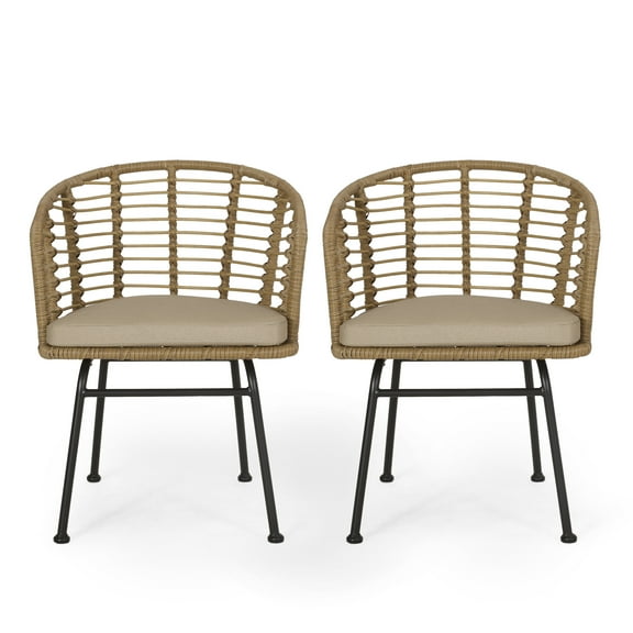 GDF Studio Monture Outdoor Wicker Dining Chairs with Cushion, Set of 2, Light Brown and Beige