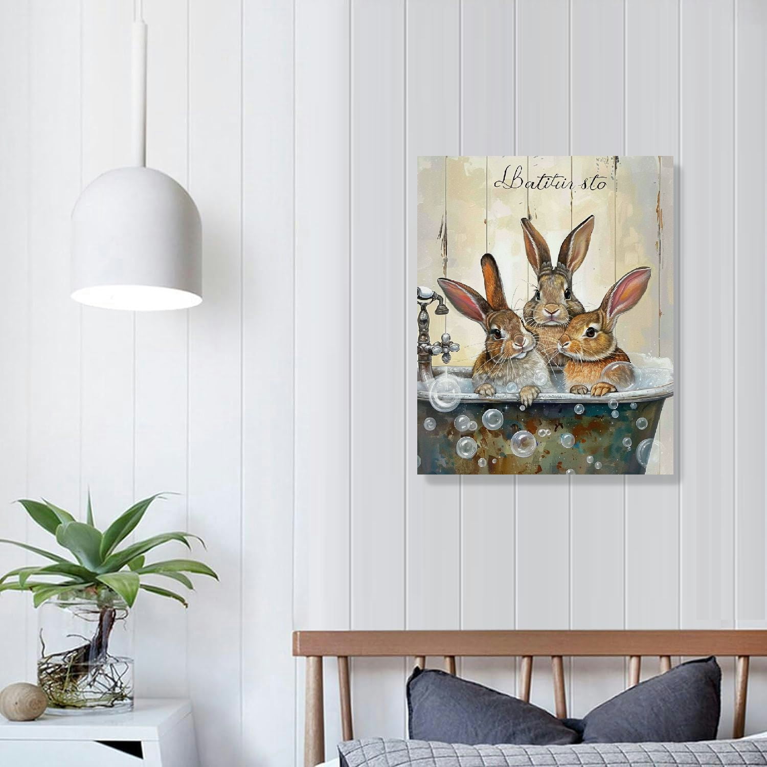 COMIO Rabbit Bathroom Wall Art Funny Bathtub Pictures Wall Decor Easter Bunny Canvas Prints Framed Modern Cute Animals Painting Artwork for Bath Lavatory Washroom Restroom Living Room