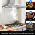 thumbnail image 2 of 30 inch Wall Mount Range Hood Stainless Steel 450 CFM Touch Control,3 Speed Vent Hoods Ductless/Ducted Convertible Kitchen Hood with LED Light Baffle Filters, 3 Speed Exhaust Fan,Touch Control, 2 of 15