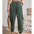 thumbnail image 3 of Defitshape Women's Casual Cargo Pants Long Pants Winter Elastic Waist Pocket Mid Rise with Pockets Dark Green Small, 3 of 4