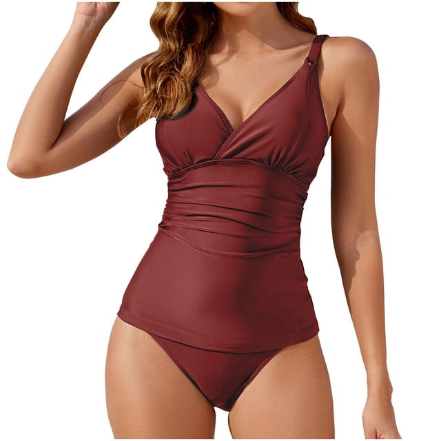 Conjunto de Bikini de Cintura Alta para las Mujeres Color Sólido V-Cuello Colgantes, Traje de Baño de Moda sin Espalda Sexy