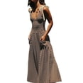 thumbnail image 2 of Women Casual Summer Smocked V Neck Beach Striped Sleeveless Sundress Flowy Long Dress with Pockets Dark Gray L, 2 of 7