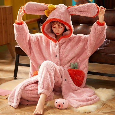 

PIKADINGNIS Women Sleepwear Plus Size XXL Intensification Nighty Plush Set Winter Pyjamas Loose Version Medium Style Hooded Pajamas женский