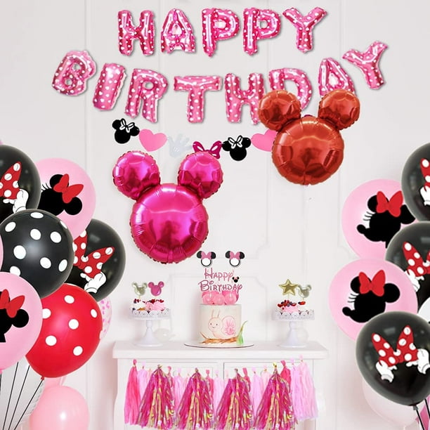 Décorations de Fête d'Anniversaire Minnie Mouse - simyron 44 Pièces Kit de  Ballons de Fête Minnie Mouse Bannière Rose Décorations de Gâteau Carte